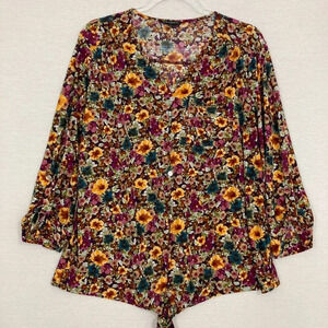 Ava & Grace Multi Color Floral Tie Front Soft Stretch Button Down Large